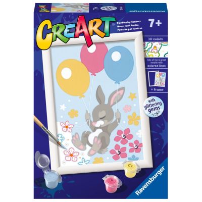 Ravensburger - CreArt pictura pe numere pentru copii iepuras cu baloane si cu pietre sclipitoare ARTRVSPBN23564