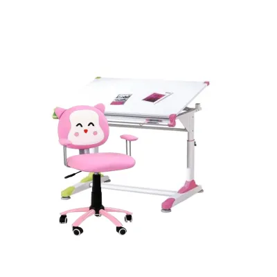 Set birou ergonomic HM Collorido, inaltime reglabila, unghi inclinare ajustabil, MDF, alb si scaun birou HM Kitty, piele ecologica, Mecanism de balans, 80 Kg, roz DRM10544