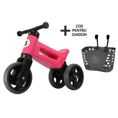 Bicicleta fara pedale cu cosulet pentru ghidon Funny Wheels Rider SPORT 2 in 1 Roz/Negru PMICFWR-S-PINKBB