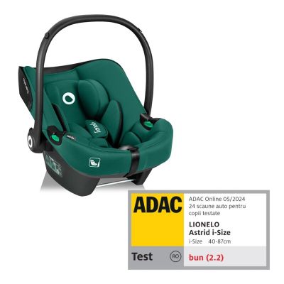 Scoica auto, Lionelo, i-Size Astrid, 0-13 Kg, 40-87 cm, Cu maner si capotina reglabile, Cu protectie laterala avansata, Salteluta confortabila, Testat ADAC, Conform cu standardul european de securitate R129, Verde BYNLO-ASTRID_I-SIZE_GREEN