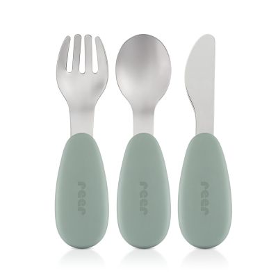 Set 3 tacamuri din otel inoxidabil (furculita, lingurita si cutit), manere din silicon, fara BPA, lavabile in masina de spalat vase, Reer 25133