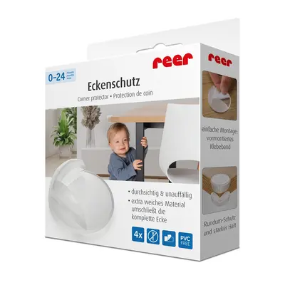 Set 4 protectii universale pentru colturi, din plastic transparent, cu banda adeziva, rezistente la muscaturi, fara PVC, Reer 82049