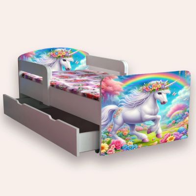 Pat Copii cu UNICORN cu paravane laterale Varianta 2 Mic 2-6 ani 130x60 cm varianta cu sertar si saltea SafeNest CMG51894300672340