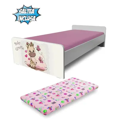 Pat fetite Economic Girafa  de 2 ani la 12 ani, cu saltea 160x80 SafeNest 2 straturi de lana   - PC-P-MK-ECO-GIR-80