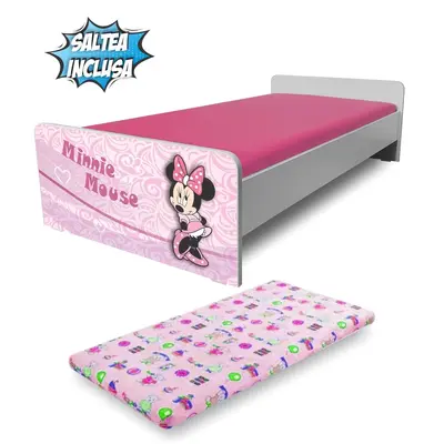 Pat fete Economic Minnie 2-8 ani include saltea SafeNest 140x70x6 cm cu lana PC-P-MK-ECO-MIN-70