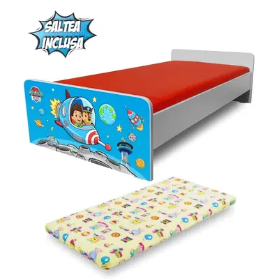 Pat copii 2-12 ani  Economic Patrula Catelusilor Space cu saltea 160x80x6 cm inclusa - PC-P-MK-ECO-PAW-SPA-80