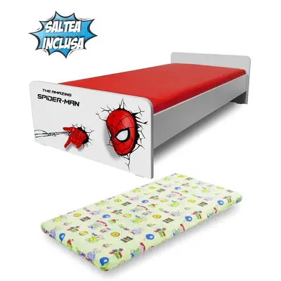Pat de Baieti 2-12 ani Economic Spiderman cu Saltea cu lana SafeNest de 160x80x6cm inclusa - PC-P-MK-ECO-SPM-80