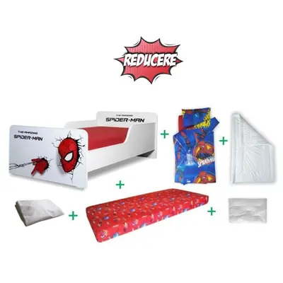 Pachet Complet Pat Start Spiderman Baieti cu varste 2-12 ani, include saltea cu lana de 160x80x12 cm, husa, pilota, perna si lenjerie pat