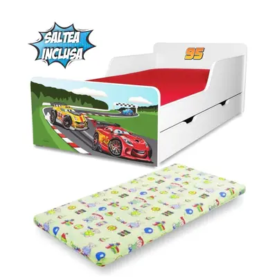 Pat baieti Start Racing Fulger 95 pentru 2-12 ani cu sertar si saltea 160x80 cu lana PC-P-MK-SRT-95-80