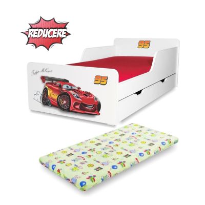 Pat Copii Fulger Mcqueen 2-12 Ani Cu Sertar Si Saltea Cadou - Pc-p-mk- Srt-flg-80