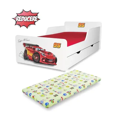 Pat Baieti 2-12 ani Start Fulger McQueen, include sertar si Saltea cu lana SafeNest 160x80- PC-P-MK- SRT-FLG-80