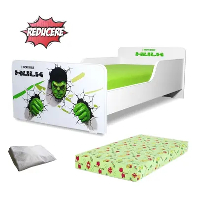 Pachet Promo Pat Baieti 2-8 ani Hulk cu saltea SmartNest cu lana si husa impermeabila incluse PC-PCH-PRO-STR-HLK-70