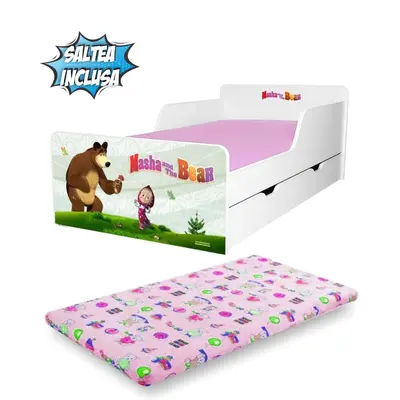 Patut Copii 2-12 ani Start Masha, cu sertar si Saltea cu lana SafeNest incluse- PC-P-MK- SRT-MSH-80