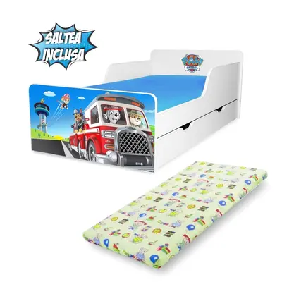 Pat copii Paw Patrol 2 pentru 2-12 ani cu sertar si Saltea cu lana SafeNest PC-P-MK-SRT-PAW2-80