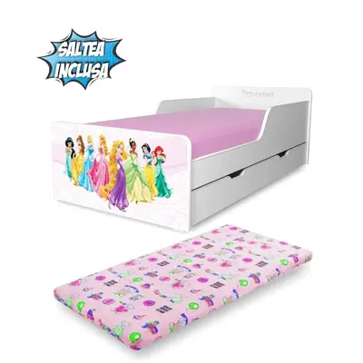 Pat pentru Fetite Start Printese 2-12 ani, cu sertar si Saltea cu lana SafeNest 160x80 inclusa - PC-P-MK-SRT-PRN-80