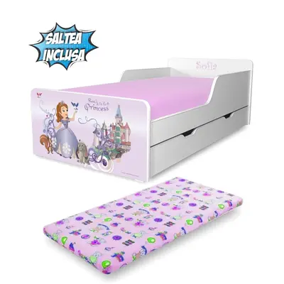 Pat Fete Start Sofia  2-12 ani, cu sertar si Saltea cu lana SafeNest 160x80x6cm inclusa - PC-P-MK-SRT-SOF-80