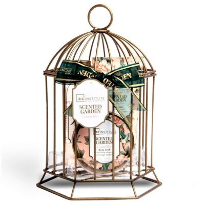 Set  gel dus, lotiune corp, exfoliant si o colivie decorativa Scented Garden Cage, IDC Institute 44007, 240 ml