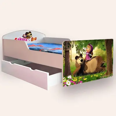 Patut copii de gradinita cu Masha (Sakura) si Oso Mic 2-6 ani 130x60 cm varianta cu sertar si saltea SafeNest CMG51900351414612