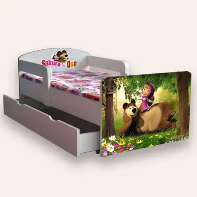 Patut copii de gradinita cu Masha (Sakura) si Oso Mic 2-6 ani 130x60 cm varianta cu sertar si saltea SafeNest CMG51900038676820