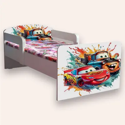 Pat Copii cu CARS (Fulger Mcqueen si Bucsa) Mic 2-6 ani 130x60 cm cu paravane laterale Saltea SafeNest CMG51893886943572