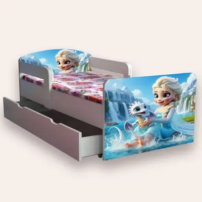 Pat Copii cu ELSA SI DRAGONUL Mic 2-6 ani 130x60 cm varianta cu sertar cu saltea SafeNest CMG51893731754324