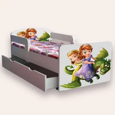 Pat Sofia cu paravane laterale 2 Mic 2-6 ani 130x60 cm varianta cu sertar si saltea SafeNest CMG51886562869588