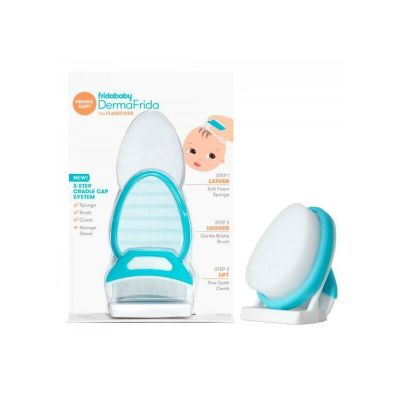 Set ingrijire scalp, Fridababy, DermaFrida, 3 in 1, Pentru dermatita seboreica la bebelusi, Include perie, burete si pieptene, Cu suport cu ventuza, De la nastere, Alb BYNFRI14