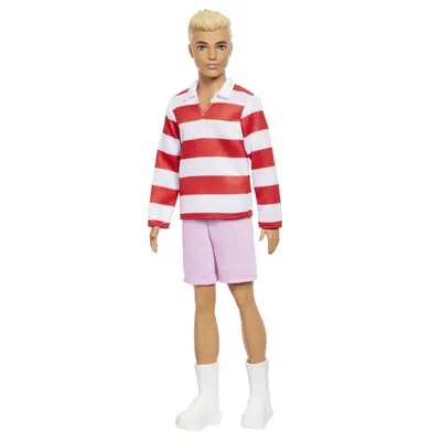 BARBIE FASHIONISTAS PAPUSA KEN BLOND CU BLUZA POLO DUNGI ROSII ALBE VIVMTDWK44_HYV01