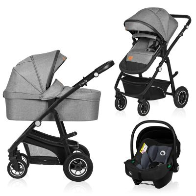Lionelo - Carucior Bianka, 3 in 1, Cadru aluminiu, Cu landou intarit si salteluta moale, Maner ajustabil, Include saculet de picioare, Husa de ploaie si tantari, Geanta pentru parinti, Sustine 22 kg, 0 luni+, EN1466:2014+AC:2015, EN1888, Gri BYNLO-BIANKA_
