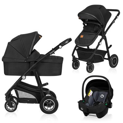 Lionelo - Carucior Bianka, 3 in 1, Cadru aluminiu, Cu landou intarit si salteluta moale, Maner ajustabil, Include saculet de picioare, Husa de ploaie si tantari, Geanta pentru parinti, Sustine 22 kg, 0 luni+, EN1466:2014+AC:2015, EN1888, Negru BYNLO-BIANK