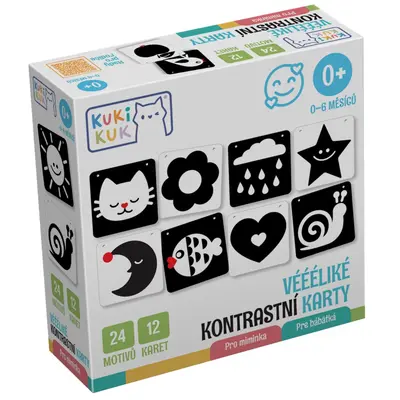 Joc educational pentru bebelusi, Flash Contrast Cards, Carduri alb-negru pentru acuitate vizuala, KuKiKuk Efko, 12 piese, 24 imagini mari contrastante, carton gros, varsta 0-6 luni