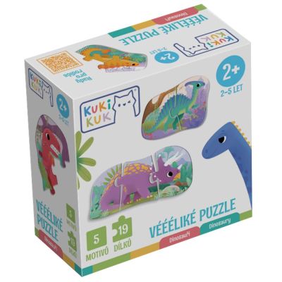 Joc educational pentru copii, 5 puzzle progresive cu Dinozauri, KuKiKuk Efko, 19 piese mari, carton gros, animatii colorate haioase, varsta 2-5 ani