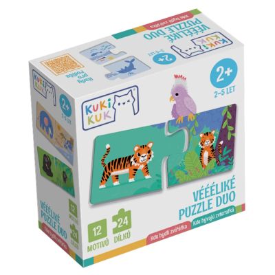 Joc educational pentru copii, Puzzle Duo cu Animale, KuKiKuk Efko, 12 perechi, 24 piese mari, carton gros, animatii colorate haioase, varsta 2-5 ani