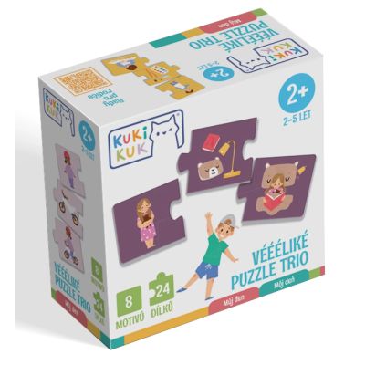 Joc educational pentru copii, Puzzle Trio cu Rutine zilnice, KuKiKuk Efko, 8 perechi, 24 piese mari, carton gros, animatii colorate haioase, varsta 2-5 ani