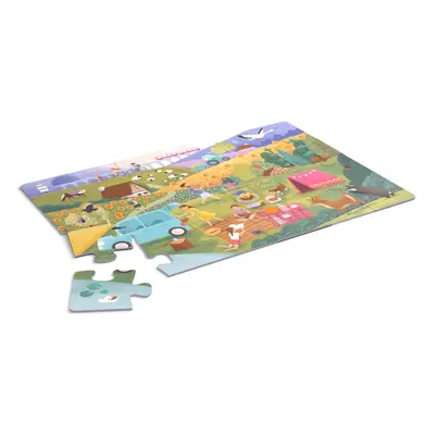 Joc educational pentru copii, tip puzzle On the trip cu 2 fete, KuKiKuk Efko, 24 piese mari, carton gros, animatii colorate haioase, o fata pentru colorat, dimensiune montare 68x47 cm, varsta 2-6 ani