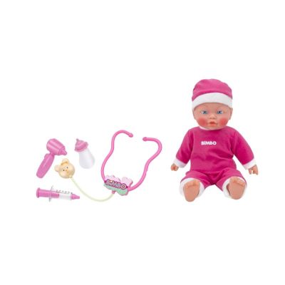 Papusa bebelus 35 cm interactiva, Globo Bimbo, cu pijama moale si caciulita, accesorii hranire, biberon, stetoscop si alte accesorii doctor pentru ingrijire
