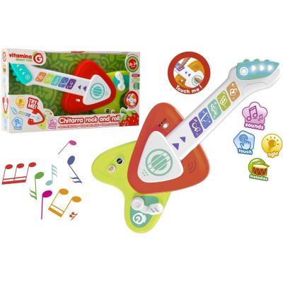Jucarie interactiva si muzicala pentru bebelusi, Chitara cu clape touch multicolore, Globo Vitamina G, sunete diverse instrumente muzicale, buton ON/OFF, buton redare inregistrare, volum reglabil, lumini