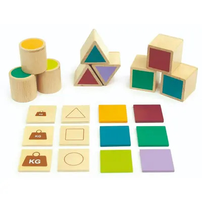 Joc educativ pentru copii si copii nevoi speciale didactic, Andreu Toys, Invatam despre culori, greutati, forme geometrice si atribute, din lemn, 21 piese SOLANT16133