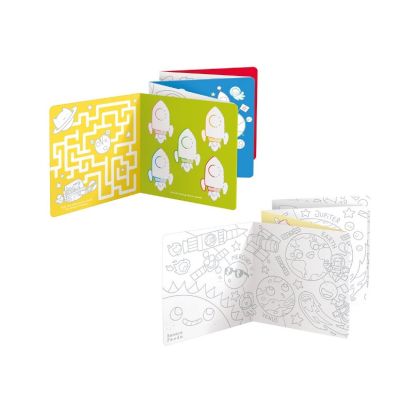 Carte de colorat si trasat linii pentru copii Banana Panda I Love Coloring, imagini cu Spatiul Cosmic, 12 ilustratii de trasare si colorare, 2 imagini panoramice, 2 carti tip acordeon, 96 cm SOLBP50161