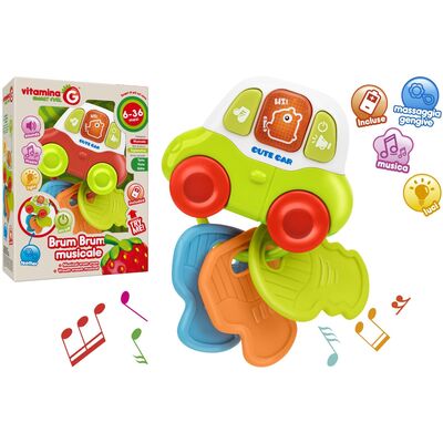 Jucarie interactiva si muzicala pentru bebelusi, Globo Vitamina G, sub forma unui breloc tip masinuta cu chei multicolore din material moale pentru dentitie, sunete specifice auto si melodii insotite de lumini, +6 luni