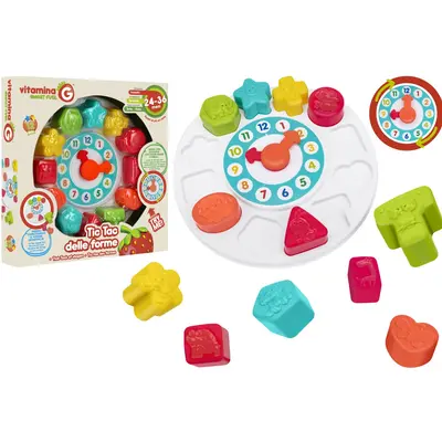 Jucarie educationala tip puzzle cu ceas, Globo Vitamina G, cu forme geometrice incastru, limbi ceas functionale, multicolor, 12 piese, +2 ani
