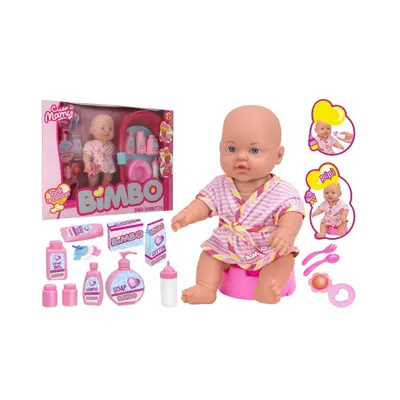 Papusa bebelus 30 cm, Globo Bimbo, cu halat baie, cadita si accesorii pentru spalat, accesorii hranire, biberon si olita incluse, jucarii zornaitoare si suzeta