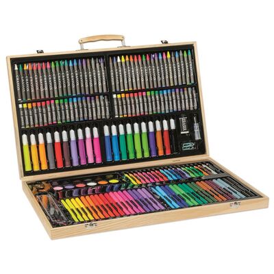 Trusa de desen si pictura pentru copii, in valiza de lemn, 157 accesorii si culori, carioci, acuarele, pensula incluse