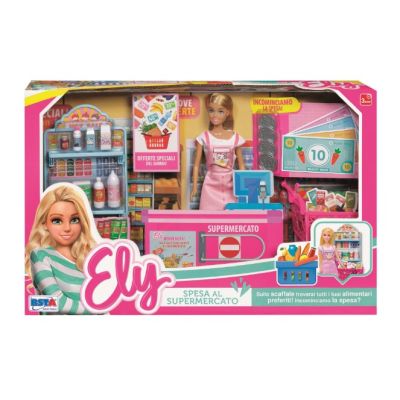 Set supermarket RS Toys, cu stand vanzare, casa de marcat, cos cumparaturi si papusa inclusa SOLRS11660