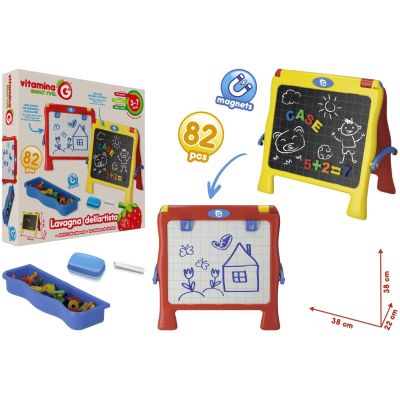 Tablita multifunctionala cu 2 fete, Globo, parte alba magnetica pentru scris cu marker si parte neagra pentru creta, 82 accesorii incluse in pachet, tavita pentru litere si cifre, creta si burete inclus, 38cm