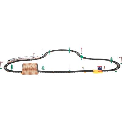 Trenulet de jucarie pentru copii, electric, functionare cu baterii, 2 locomotive si 1 vagon pasageri, 80 piese incluse, lungime traseu 450 cm, cu tunel si gara
