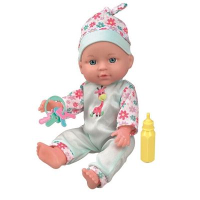 Papusa bebe 30 cm, cu salopeta haioasa inflorata si caciulita, cu accesorii mancare, jucarie zornaitoare si olita