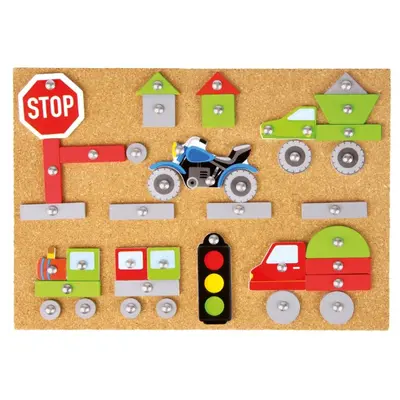 Set vehicule cu ciocan si cuie Lena, pentru copii, 48 piese din lemn, 16 forme imprimate si accesorii SOLLE65826