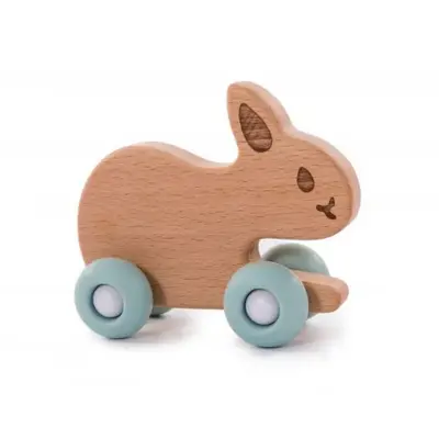 Jucarie iepure pe roti Bo Jungle din lemn, albastra SOLBJB910220