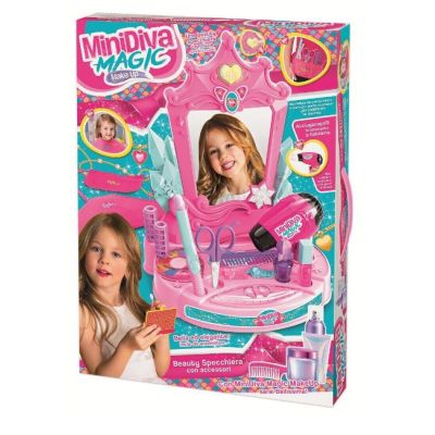 Set frumusete pentru fetite, masuta cu oglinda si accesorii coafat si machiat, feon cu baterii, oglinda cu lumini, mini trusa machiat, placa pentru par